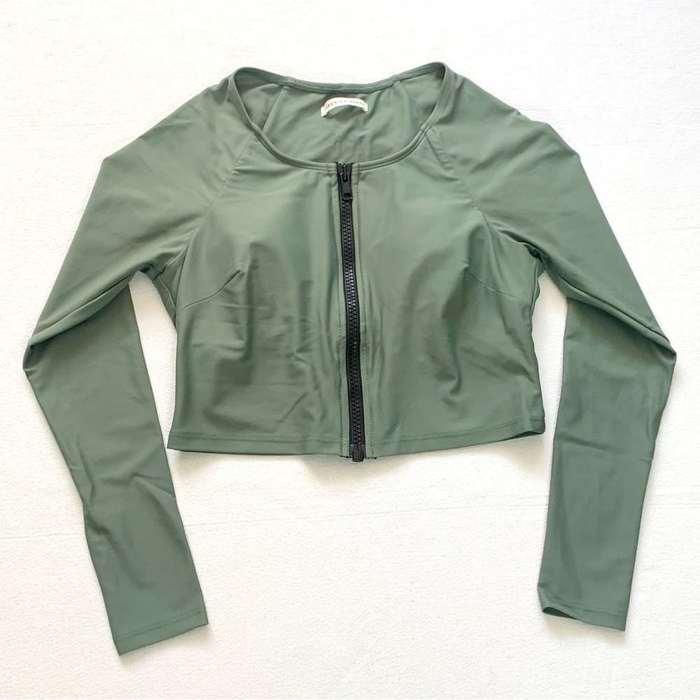Veronica Beard Misali Long Sleeve Zip-up Crop Swim Rash Guard Shirt Green Size L